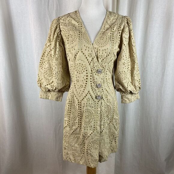 Ganni Dresses & Skirts - GANNI Size EU 38 US 6 Mini‎ Dress Broderie Anglaise Cotton Balloon-sleeve Eyelet